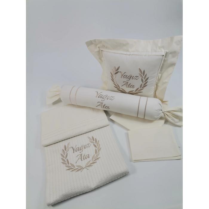 Pike takımı 5 parça krem örgü pike - krem poplin