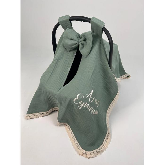 Puset örtüsü 4 kat yeşil müslin  isim işlemeli