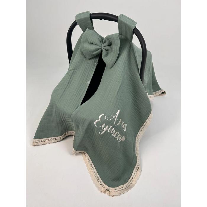 Puset örtüsü 4 kat yeşil müslin  isim işlemeli