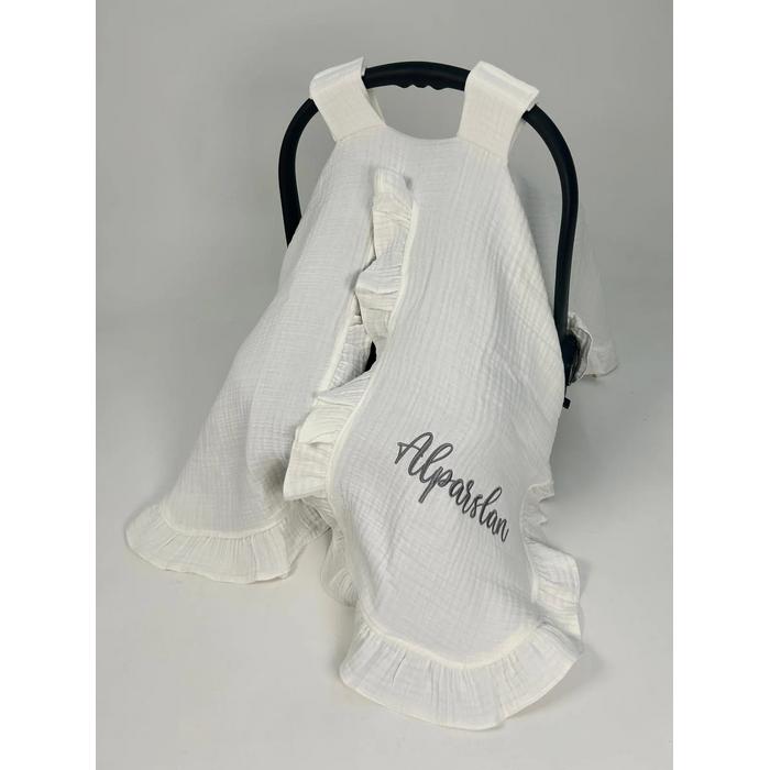 Puset örtüsü fırfırlı 4 kat beyaz müslin - isim işlemeli 