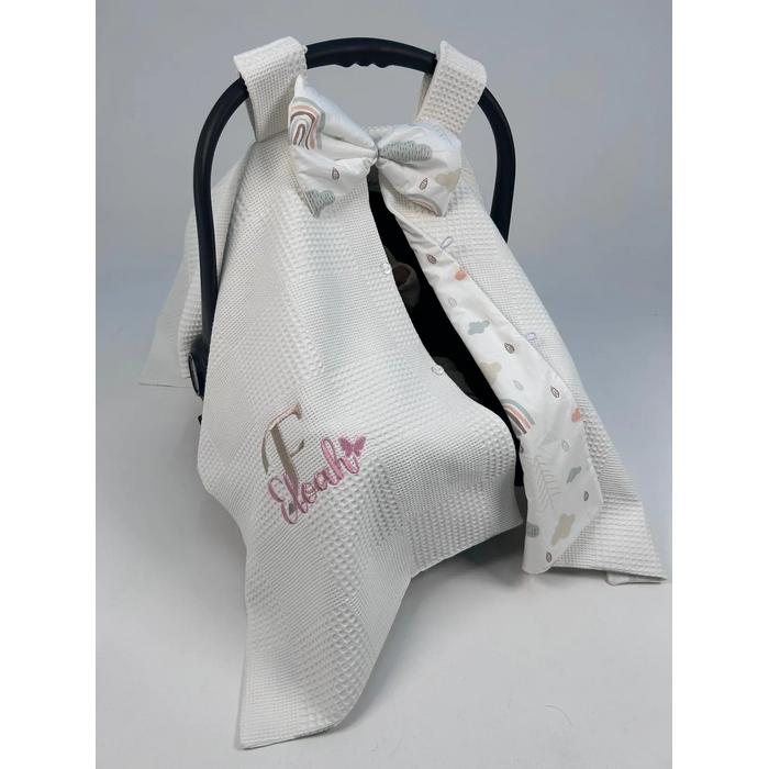 Puset örtüsü isim ve desen işlemeli krem waffle pike - gökkuşaklı poplin