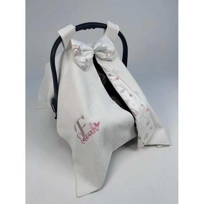 Puset örtüsü isim ve desen işlemeli krem waffle pike - gökkuşaklı poplin