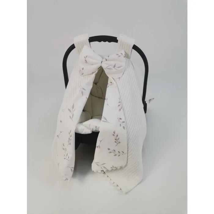 Puset örtüsü krem örgü pike - pembe zeytin dalı desenli poplin