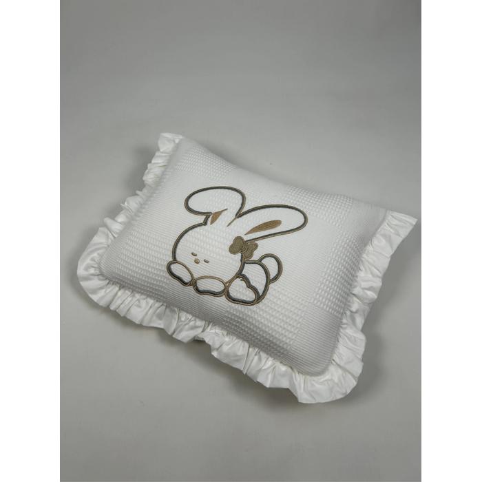 Sürpriz yastık  tavşan işlemeli beyaz waffle pike - beyaz poplin