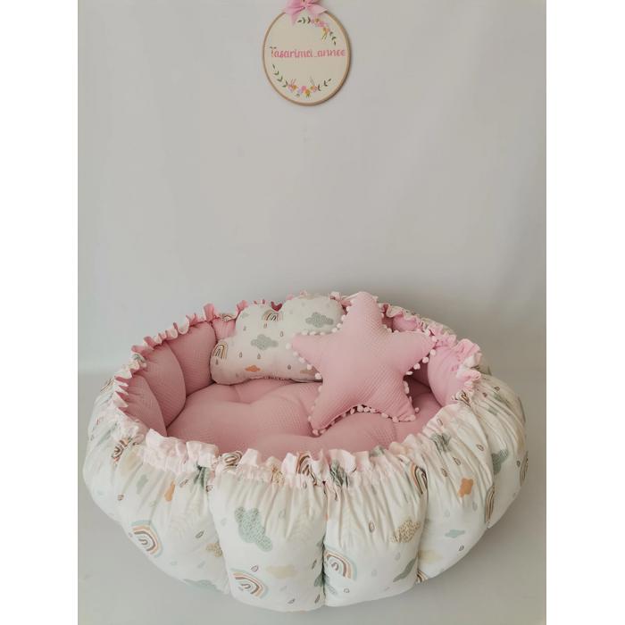 Yuvarlak babynest pembe waffle pike - gökkuşaklı poplin