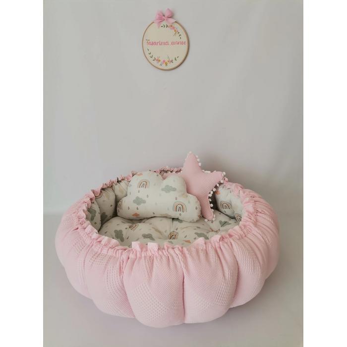 Yuvarlak babynest pembe waffle pike - gökkuşaklı poplin