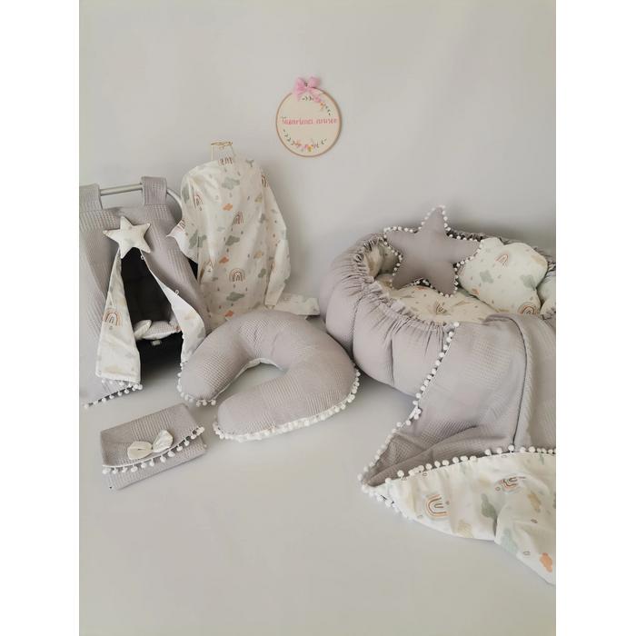 Yuvarlak babynest 9'lu set gri waffle pike - gökkuşaklı poplin