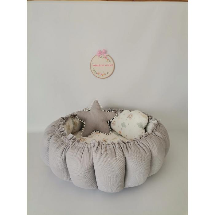 Yuvarlak babynest 9'lu set gri waffle pike - gökkuşaklı poplin