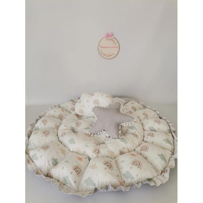 Yuvarlak babynest 9'lu set gri waffle pike - gökkuşaklı poplin