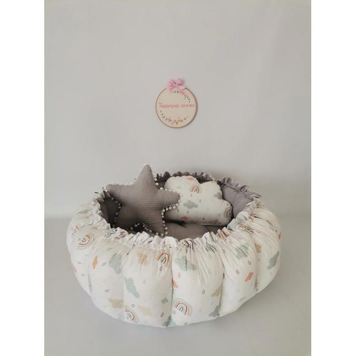 Yuvarlak babynest 9'lu set gri waffle pike - gökkuşaklı poplin