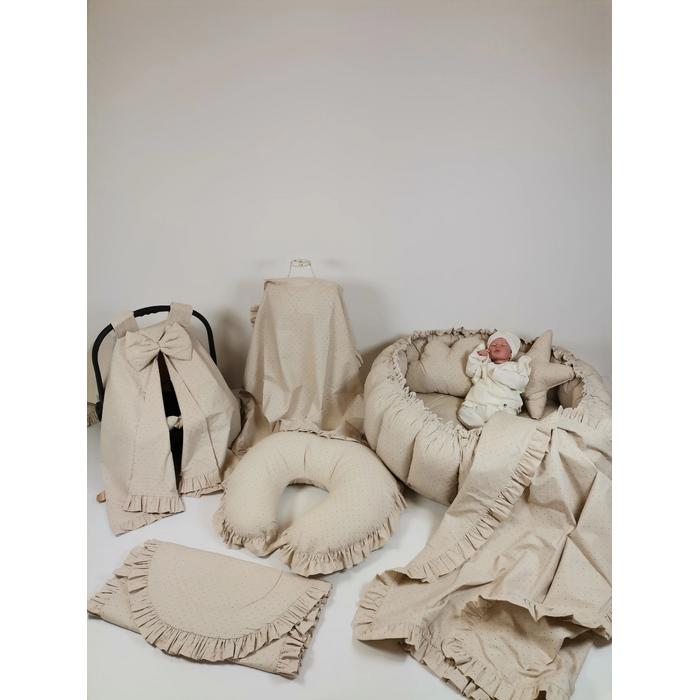 Yuvarlak babynest 9'lu fırfırlı set bej zemin üstü kahve rengi puantiyeli poplin