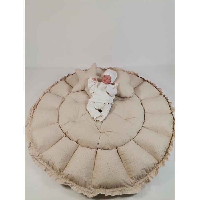 Yuvarlak babynest 9'lu fırfırlı set bej zemin üstü kahve rengi puantiyeli poplin