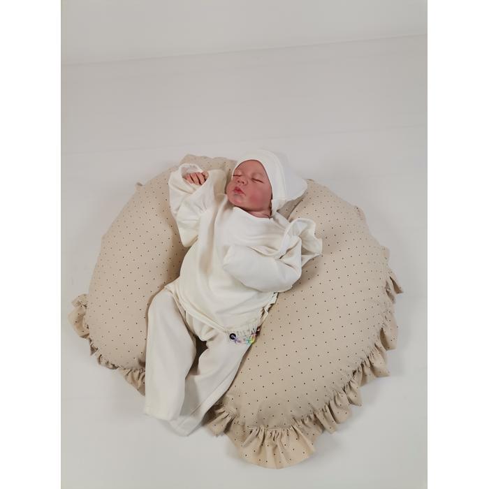 Yuvarlak babynest 9'lu fırfırlı set bej zemin üstü kahve rengi puantiyeli poplin