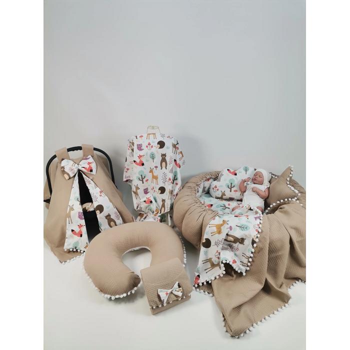 Yuvarlak babynest 9'lu set bej waffle pike - hayvan figürlü poplin