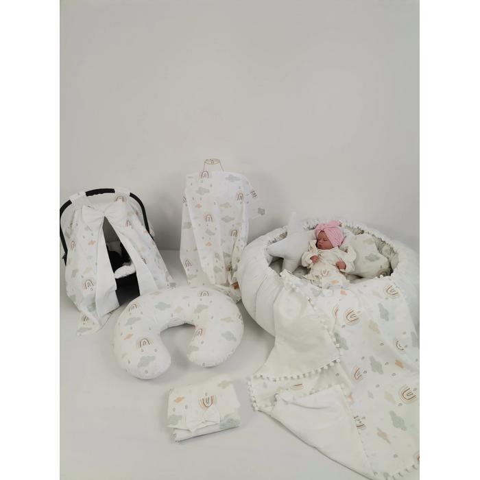 Yuvarlak babynest 9'lu set gökkuşaklı - beyaz poplin