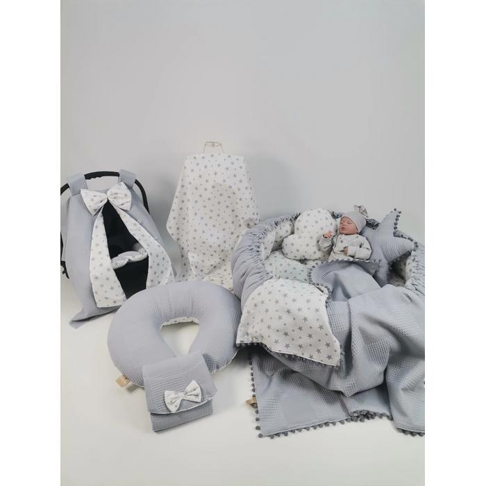 Yuvarlak babynest 9'lu set gri waffle pike - gri yıldızlı poplin