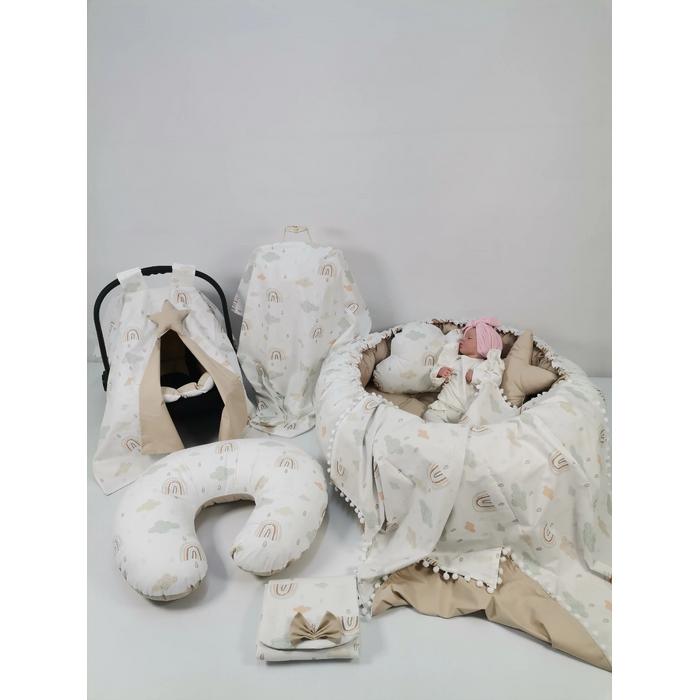 Yuvarlak babynest 9'lu set gökkuşaklı - bej poplin