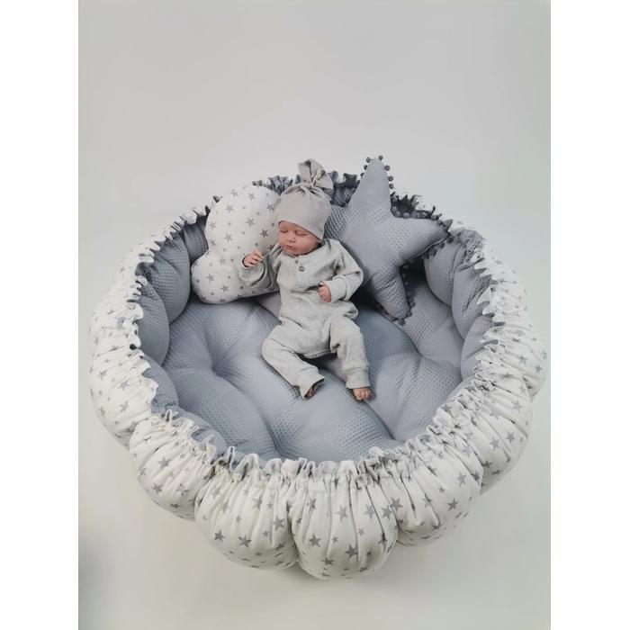 Yuvarlak babynest 9'lu set gri waffle pike - gri yıldızlı poplin
