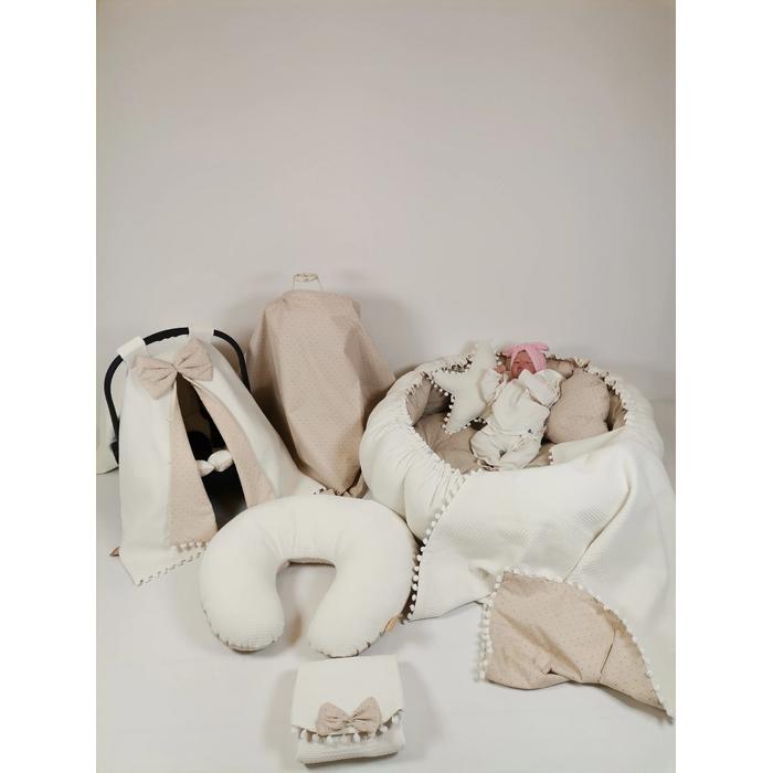 Yuvarlak babynest 9'lu set krem waffle pike - bej zemin üstü kahve rengi puantiyeli