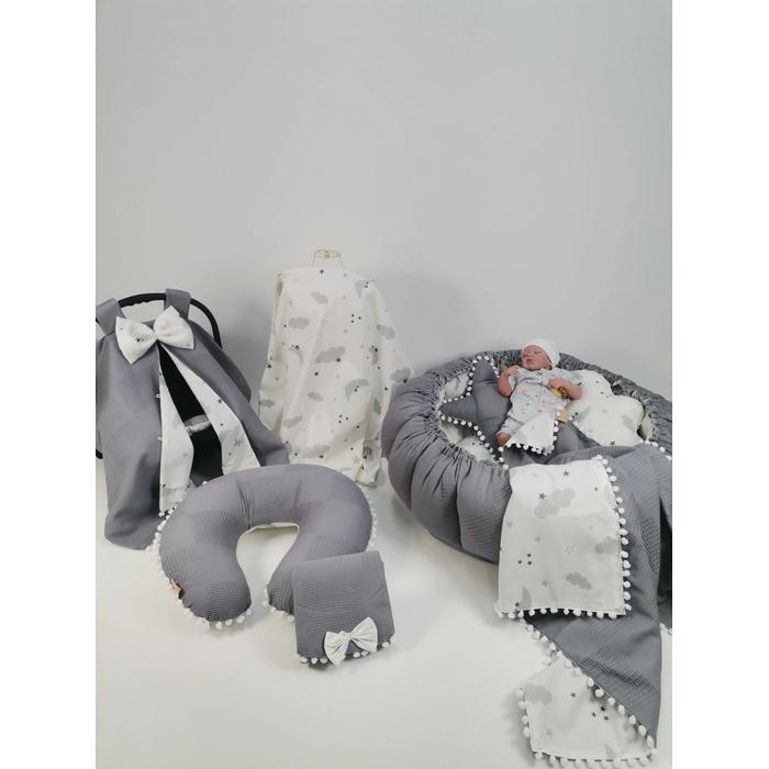 Yuvarlak babynest 9'lu set koyu gri waffle pike - gri aylı bulutlu poplin