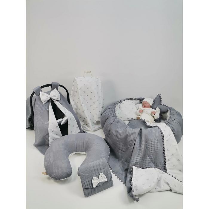 Yuvarlak babynest 9'lu set koyu gri waffle pike - gümüş mickeyli poplin