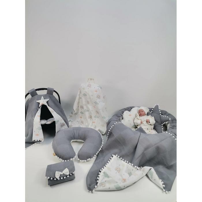 Yuvarlak babynest 9'lu set koyu gri waffle pike - gökkuşaklı poplin