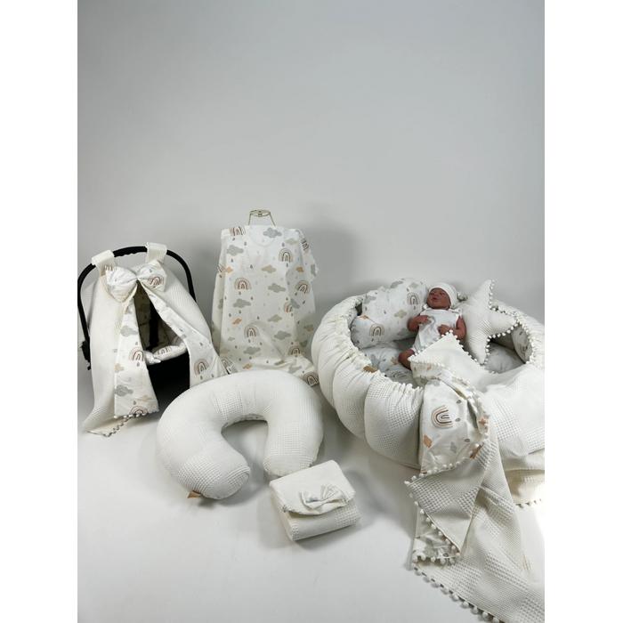 Yuvarlak babynest 9'lu set krem waffle pike - gökkuşaklı poplin