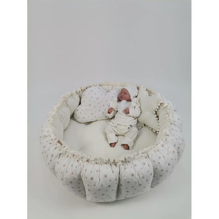Yuvarlak babynest 9'lu set krem waffle pike - bej yıldızlı poplin