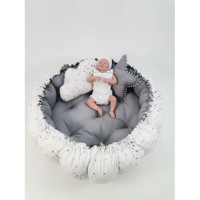 Yuvarlak babynest 9'lu set koyu gri waffle pike - gri samanyolu yıldızlı poplin