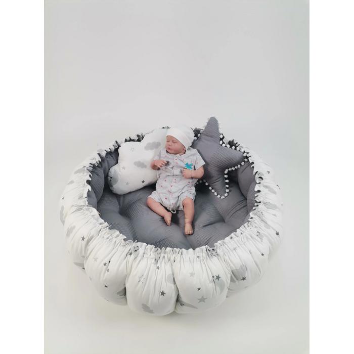 Yuvarlak babynest 9'lu set koyu gri waffle pike - gri aylı bulutlu poplin