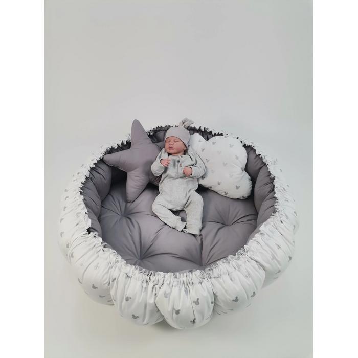 Yuvarlak babynest 9'lu set koyu gri poplin - gümüş mickeyli poplin