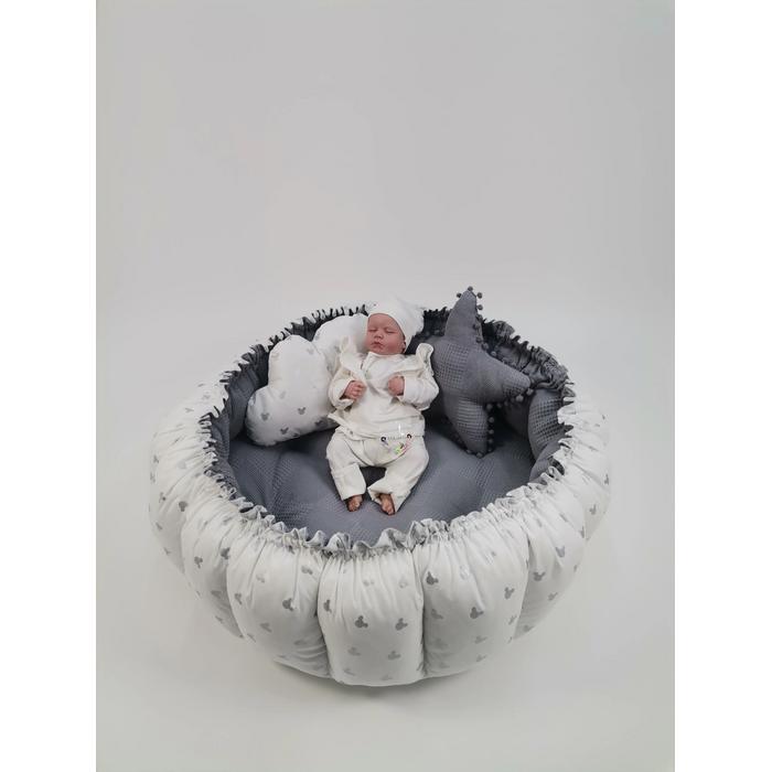Yuvarlak babynest 9'lu set koyu gri waffle pike - gümüş mickeyli poplin