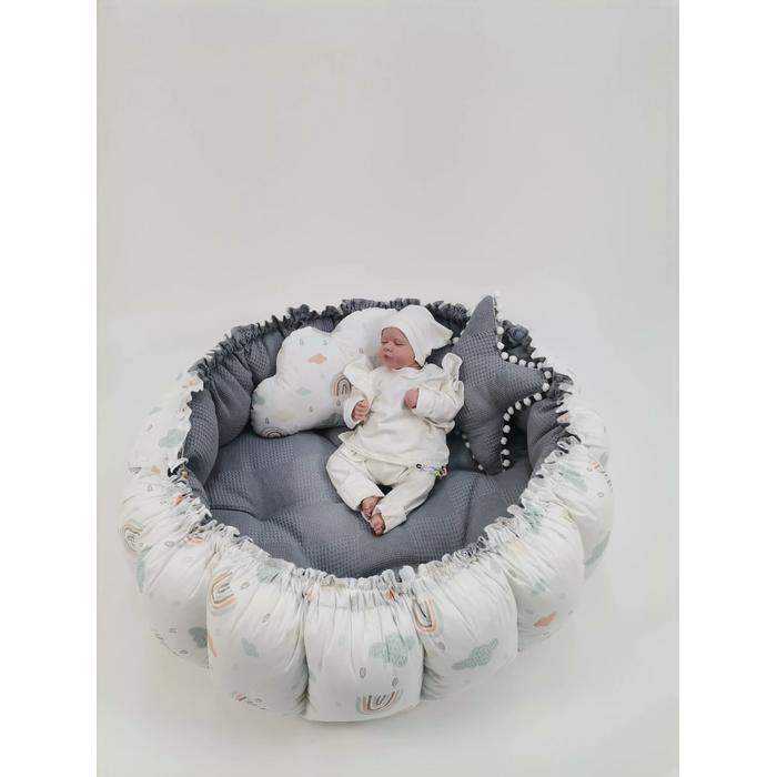 Yuvarlak babynest 9'lu set koyu gri waffle pike - gökkuşaklı poplin