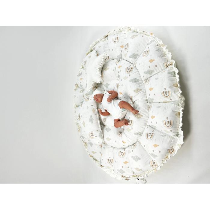 Yuvarlak babynest 9'lu set krem waffle pike - gökkuşaklı poplin