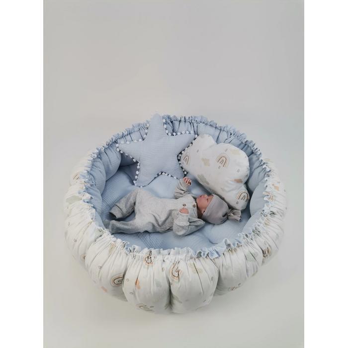 Yuvarlak babynest 9'lu set mavi waffle pike - gökkuşaklı poplin