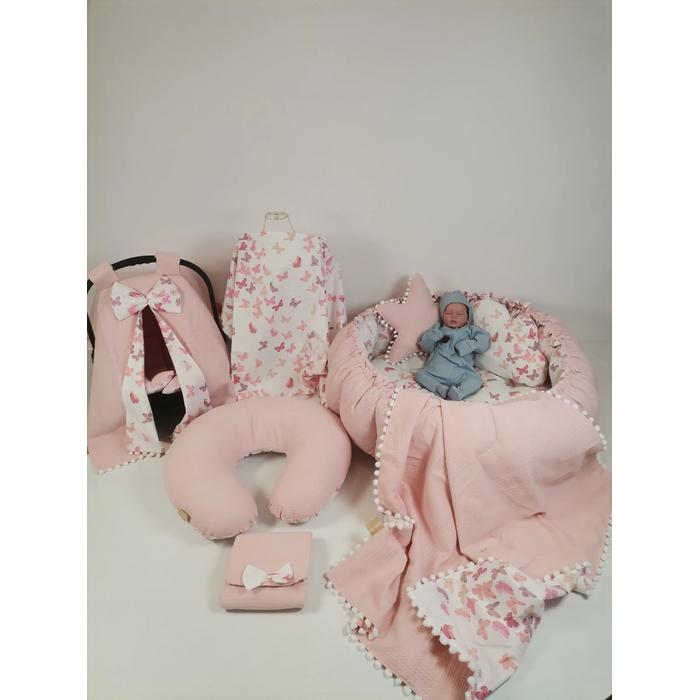 Yuvarlak babynest 9'lu set pudra pembe waffle pike - pudra kelebekli poplin