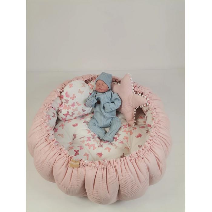 Yuvarlak babynest 9'lu set pudra pembe waffle pike - pudra kelebekli poplin