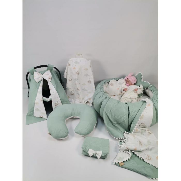 Yuvarlak babynest 9'lu set yeşil waffle pike - gökkuşaklı poplin