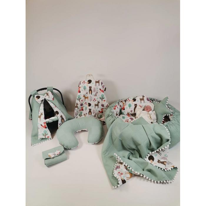 Yuvarlak babynest 9'lu set yeşil waffle pike - hayvan figürlü müslin