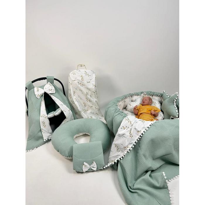 Yuvarlak babynest 9'lu set yeşil waffle pike - yeşil zeytindalı desenli poplin