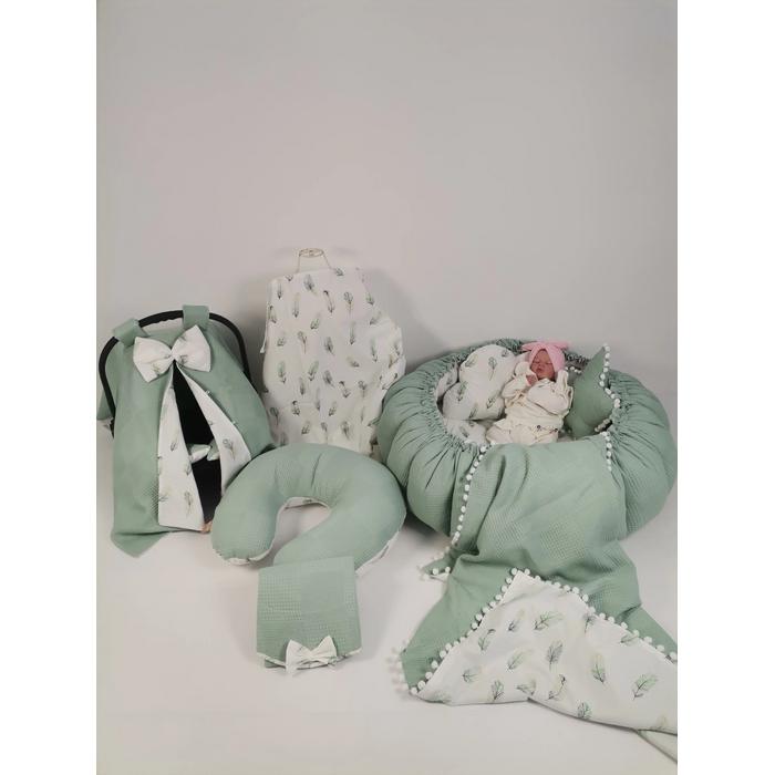 Yuvarlak babynest 9'lu set yeşil waffle pike - yeşil tüylü poplin