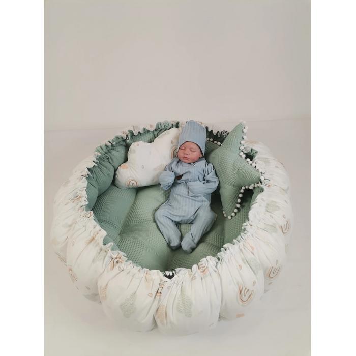 Yuvarlak babynest 9'lu set yeşil waffle pike - gökkuşaklı poplin