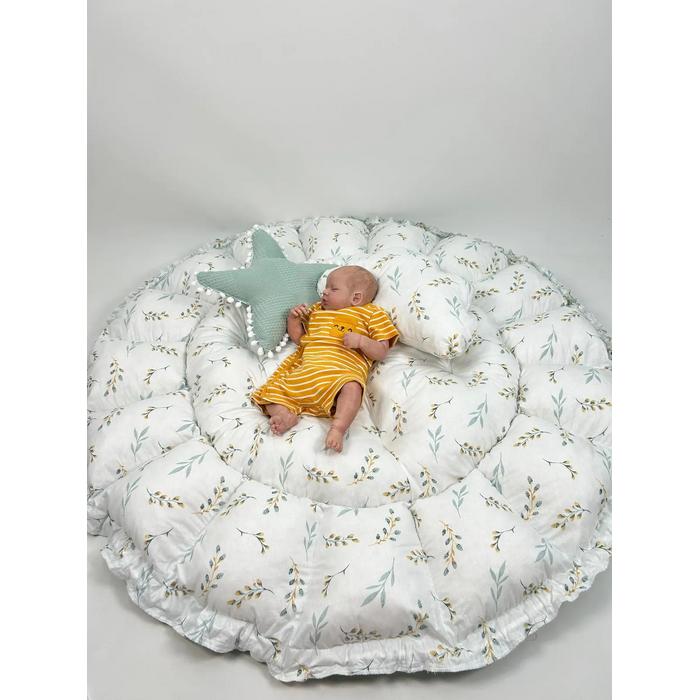 Yuvarlak babynest 9'lu set yeşil waffle pike - yeşil zeytindalı desenli poplin