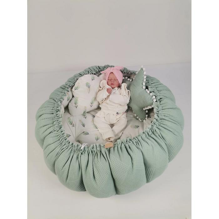 Yuvarlak babynest 9'lu set yeşil waffle pike - yeşil tüylü poplin