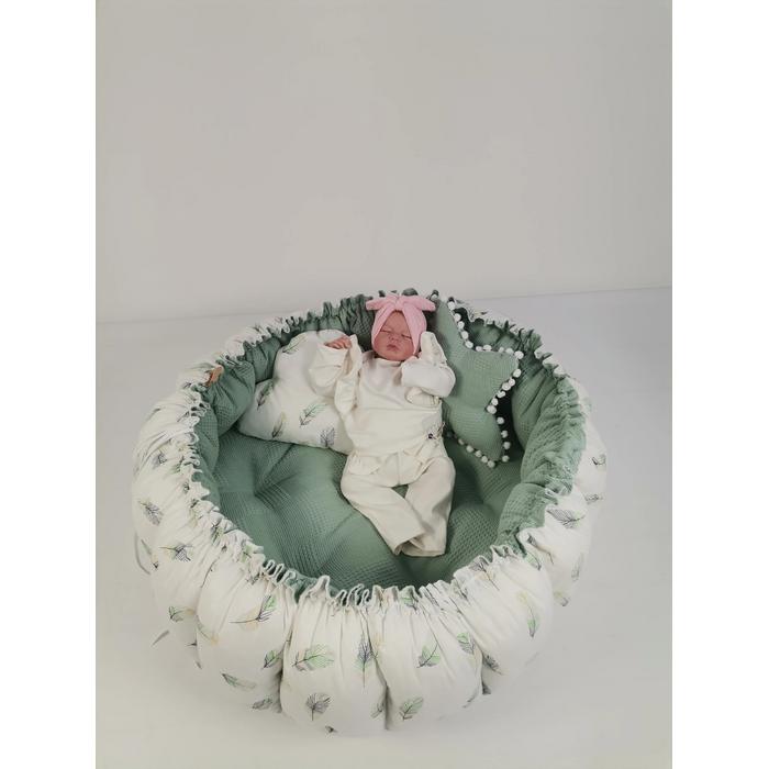 Yuvarlak babynest 9'lu set yeşil waffle pike - yeşil tüylü poplin