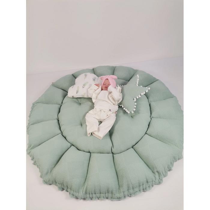 Yuvarlak babynest 9'lu set yeşil waffle pike - yeşil tüylü poplin