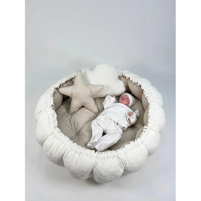 Yuvarlak babynest krem welsoft - krem zemin üstü kahve rengi puantiyeli poplin