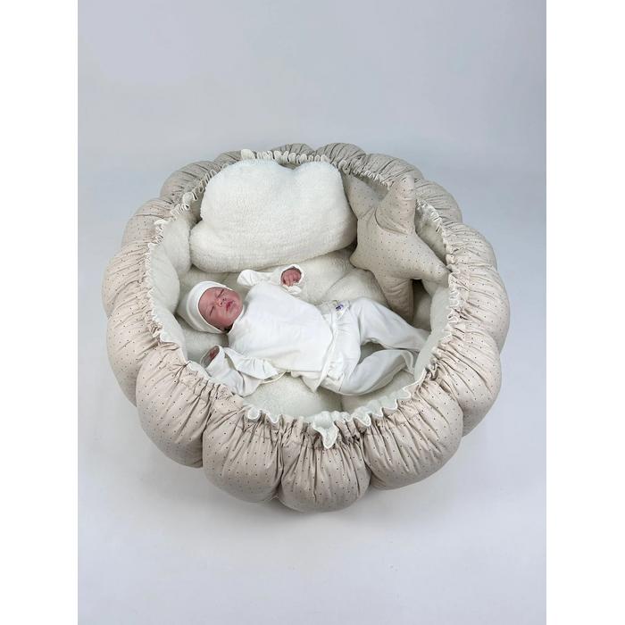 Yuvarlak babynest krem welsoft - krem zemin üstü kahve rengi puantiyeli poplin