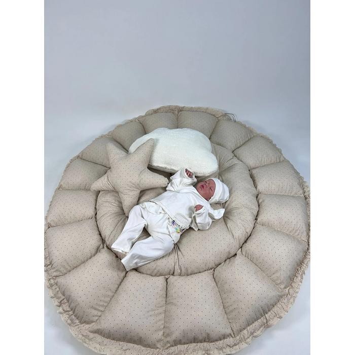 Yuvarlak babynest krem welsoft - krem zemin üstü kahve rengi puantiyeli poplin