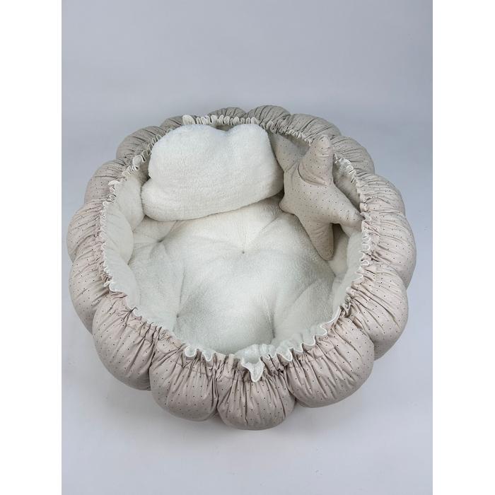 Yuvarlak babynest krem welsoft - krem zemin üstü kahve rengi puantiyeli poplin